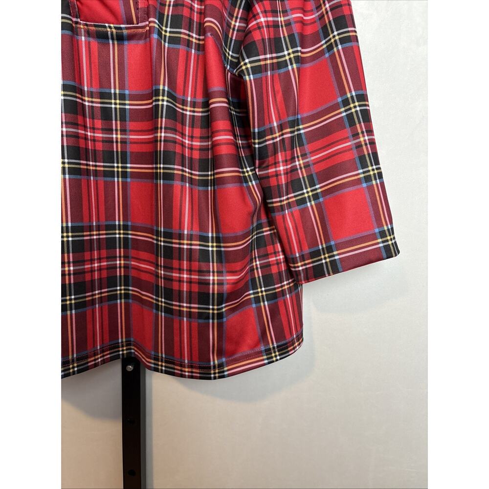 Gretchen Scott Ruffneck Top Womens XL Red Plaid 3/4 Sleeve Contrast Cuff Festive - Picture 5 of 11